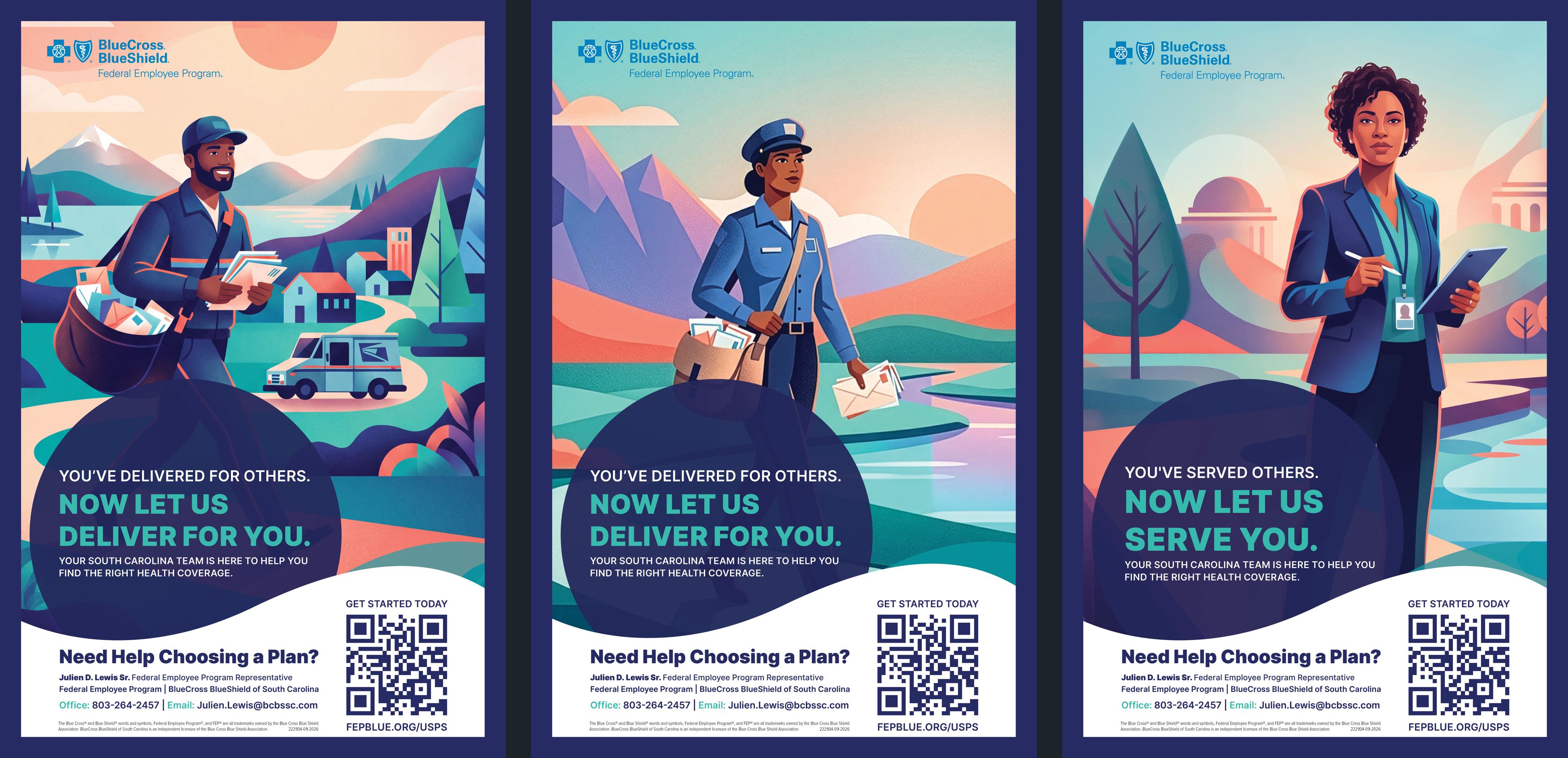 Three illustrated posters side by side: a male letter carrier and a female letter carrier under the headline "Now let us deliver for you," and a federal office worker under "Now let us serve you"