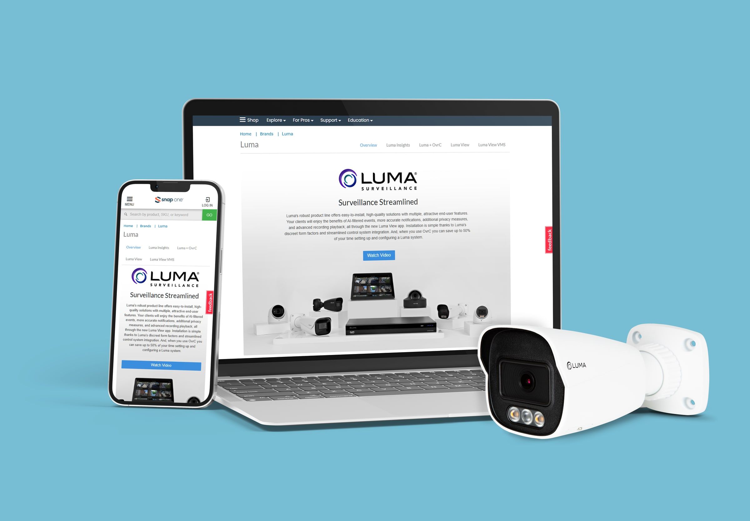 Luma brand page on a laptop and phone with a Luma camera, light blue background