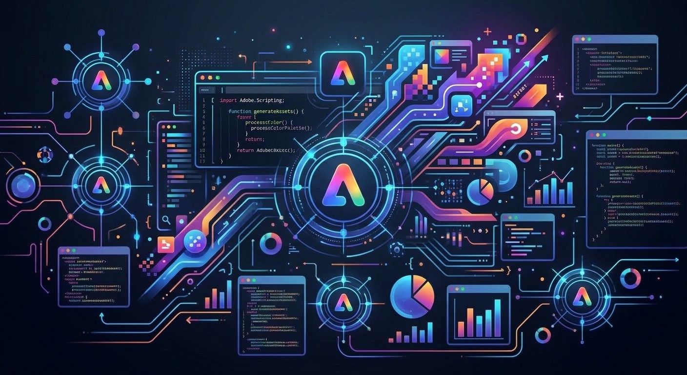 Illustration of AI and automation in design: glowing app icons linked by circuit lines to code windows, charts and color swatches on a dark background
